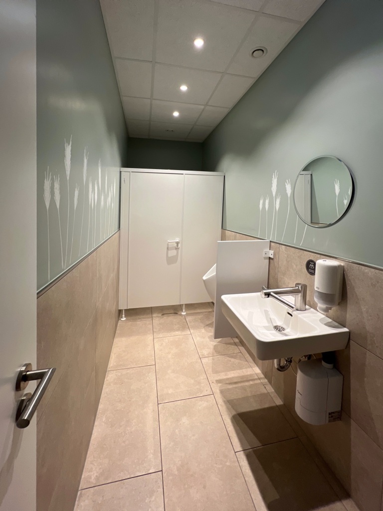 A door to the immediate right, with a cludgie cubicle at the back; on the right is a urinalysis with a separating panel before the sink and mirror. The walls are tiled until about half-way up, and then painted green, with white flowers.