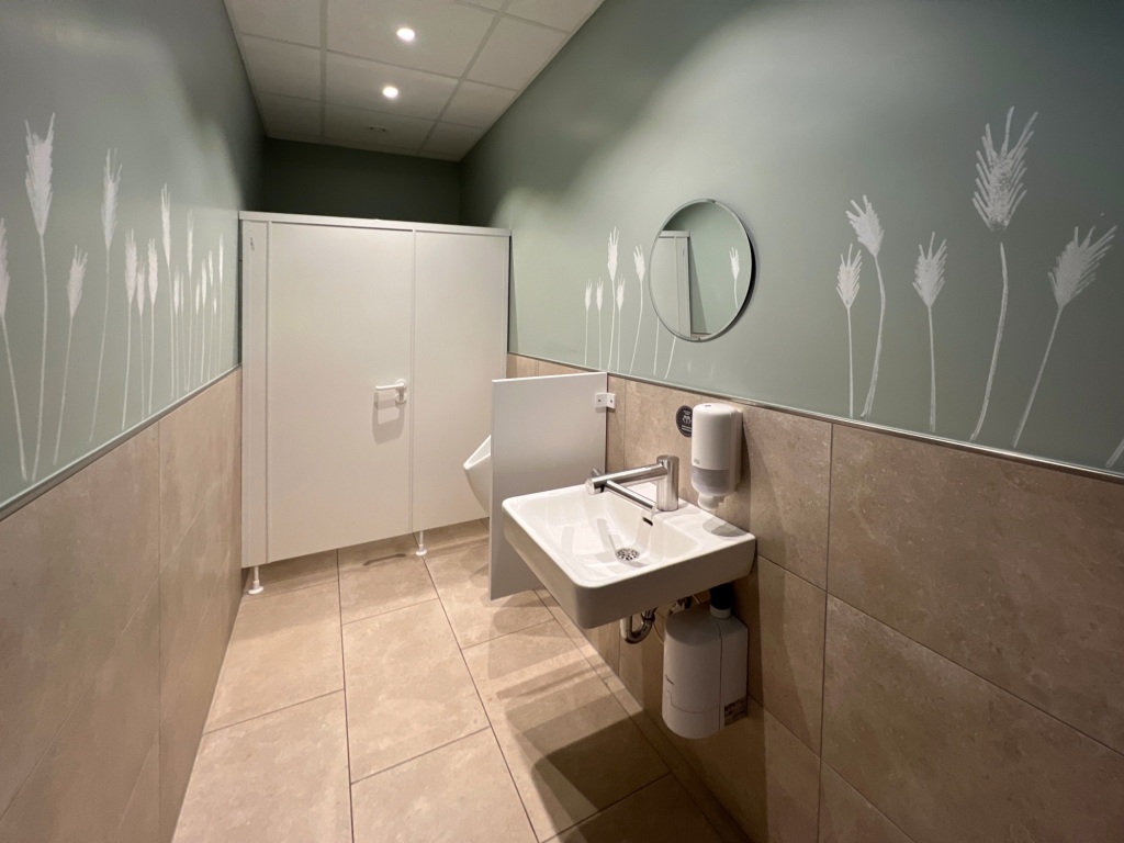 A cludgie cubicle at the back; on the right is a urinalysis with a separating panel before the sink and mirror. The walls are tiled until about half-way up, and then painted green, with white flowers.